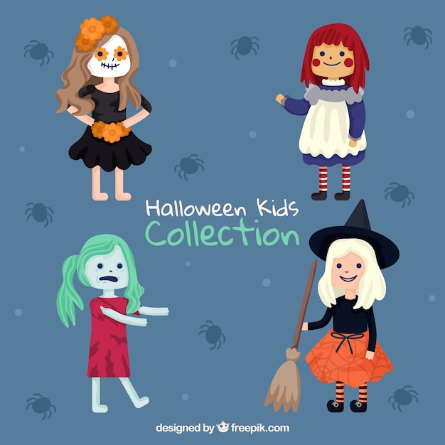 Collection of four girls disguised for halloween