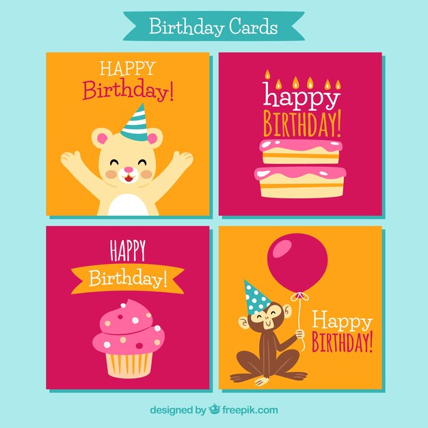 手描きの誕生日カード4枚のコレクション