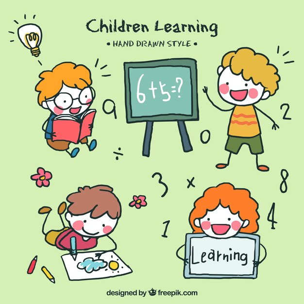 collection of four hand-drawn children learning