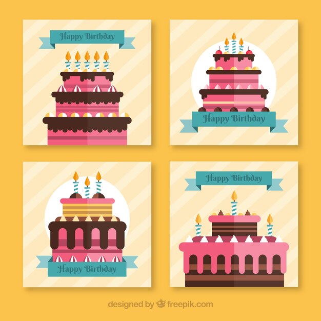 Коллекция из четырех счастливых поздравительных открыток в плоском дизайне