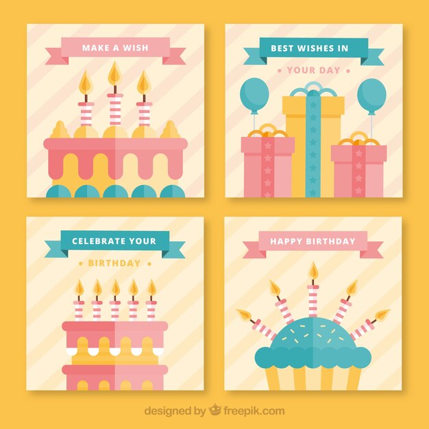 Raccolta di quattro carte di buon compleanno in design piatto