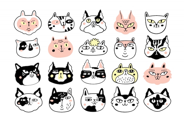 Collection of fun cat faces or heads. bundle of various cartoon cats muzzles isolated
