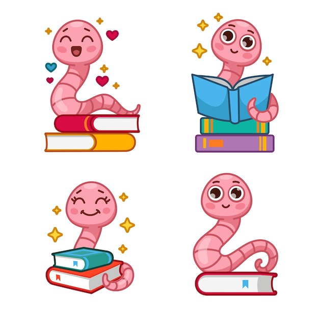 Free vector collection of funny cartoon bookworm character reading books and smiling