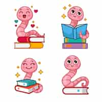 Free vector collection of funny cartoon bookworm character reading books and smiling