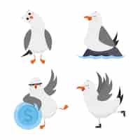 Free vector collection of funny cartoon gull character ice skating, perching on rock, leaning on dollar coin