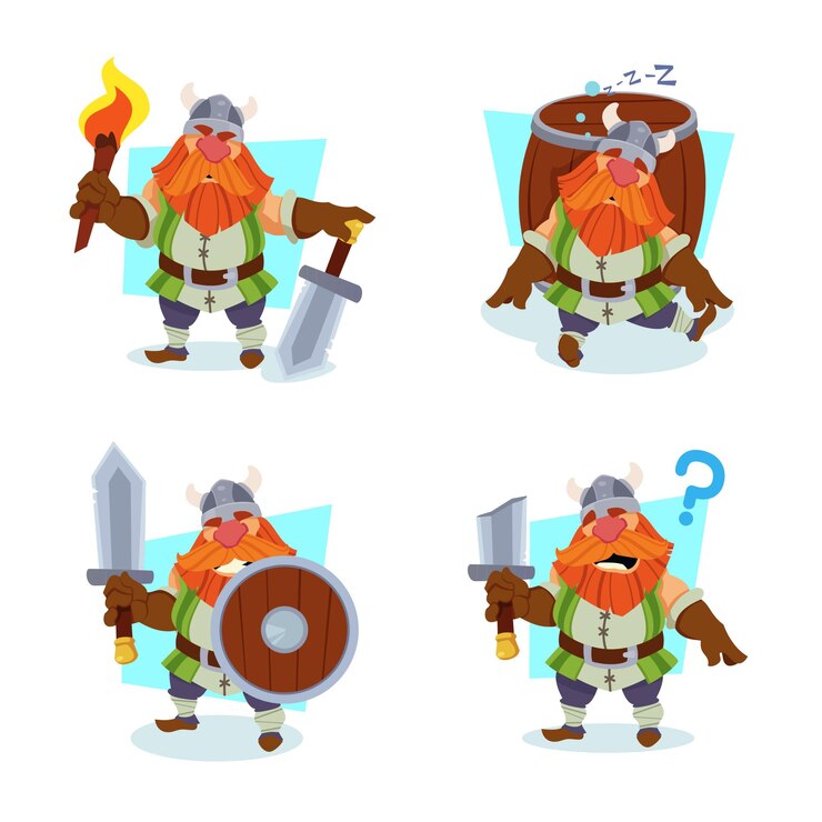 Free Vector collection of funny cartoon viking character sleeping holding shield and sword
