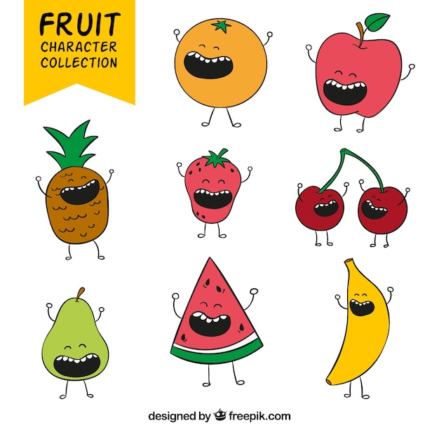 Collection of funny hand drawn characters of fruits