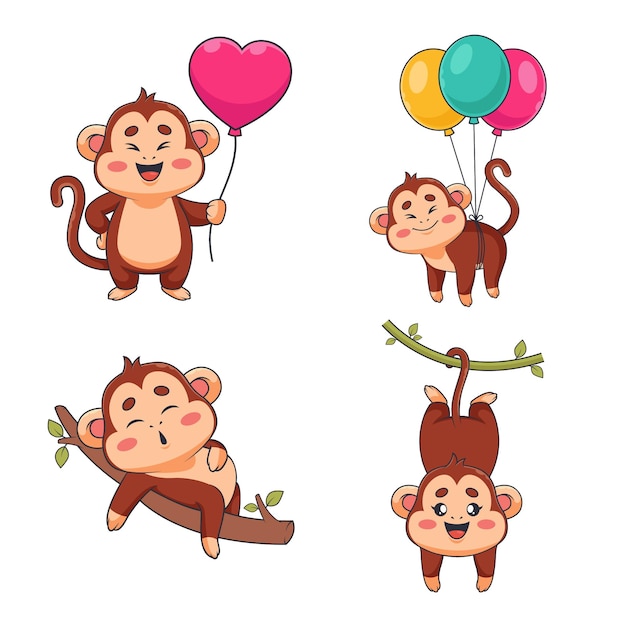 Collection of funny handdrawn little monkeys with balloons and on tree