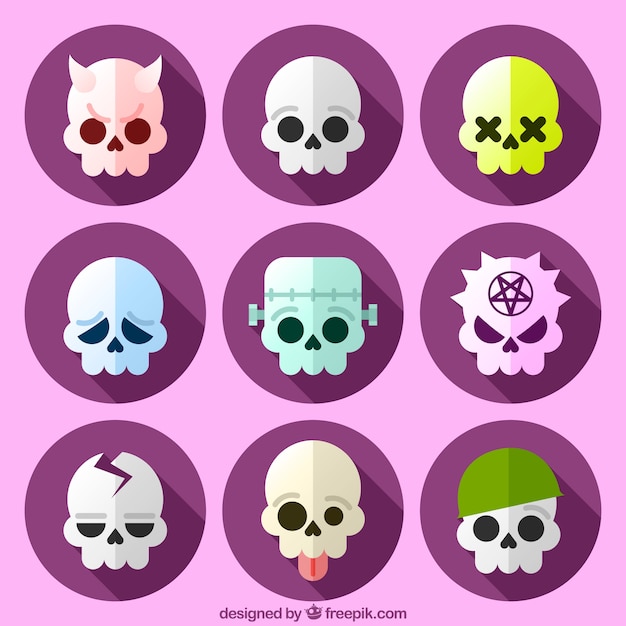 Collection of funny skulls in flat design