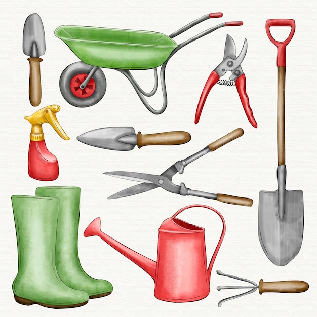 Collection of gardening elements and tools