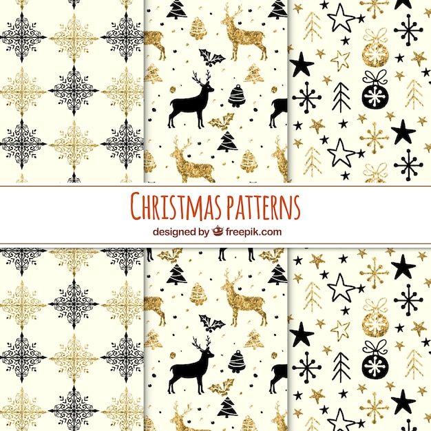 Collection of glittery christmas patterns with black and golden elements Free Vector
