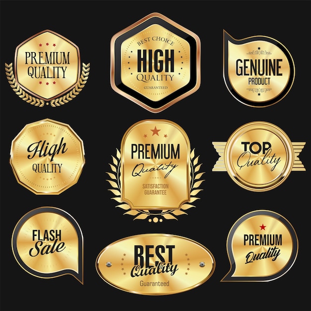 Collection of gold silver and bronze metallic badge and labels