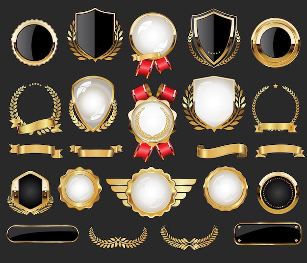 Collection of golden badges labels laurels shield and metal plates