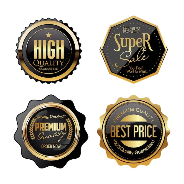 Collection of golden badges and labels