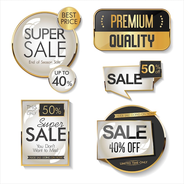 Collection of golden badges and labels