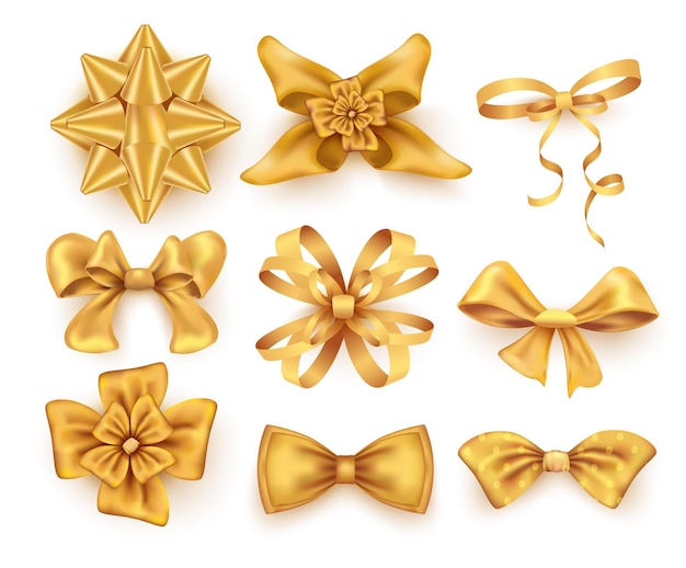 Free vector collection of golden bows of various shapes isolated at white background realistic vector illustration