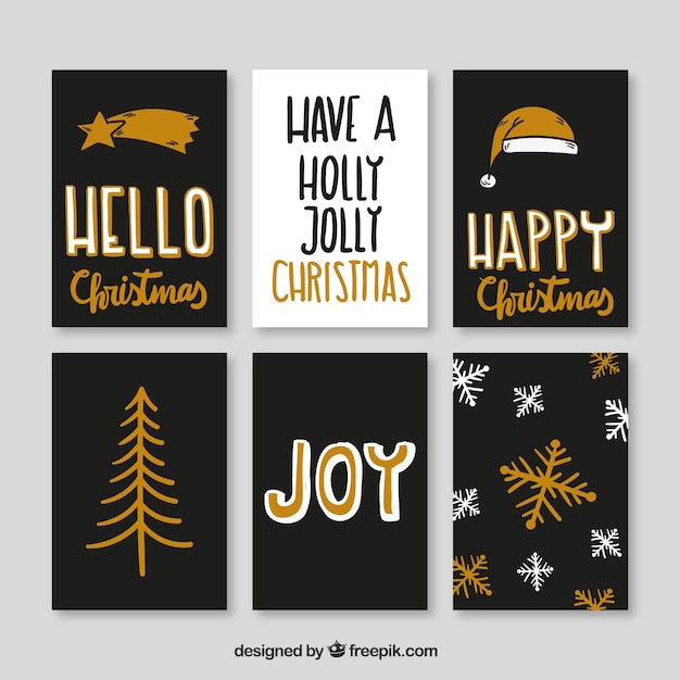 Collection of golden christmas cards in vintage style