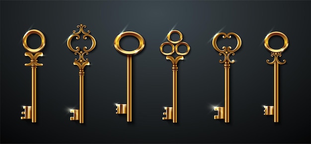 Коллекция золотых старых старинных ключей