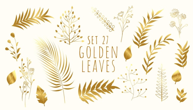 Collection of golden tropical leaves invitation card template