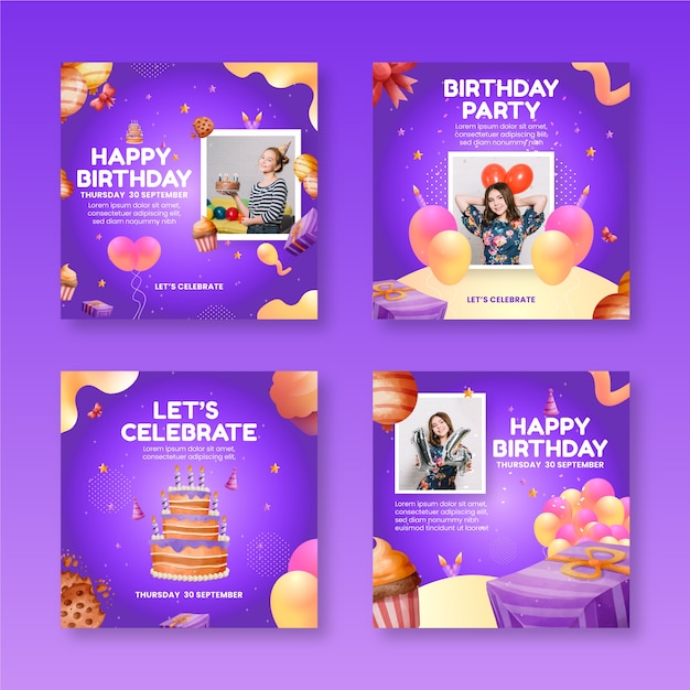 Free vector collection of gradient birthday instagram posts