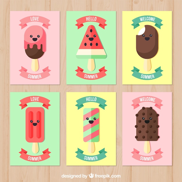 Free vector collection of great cards with cute ice cream characters