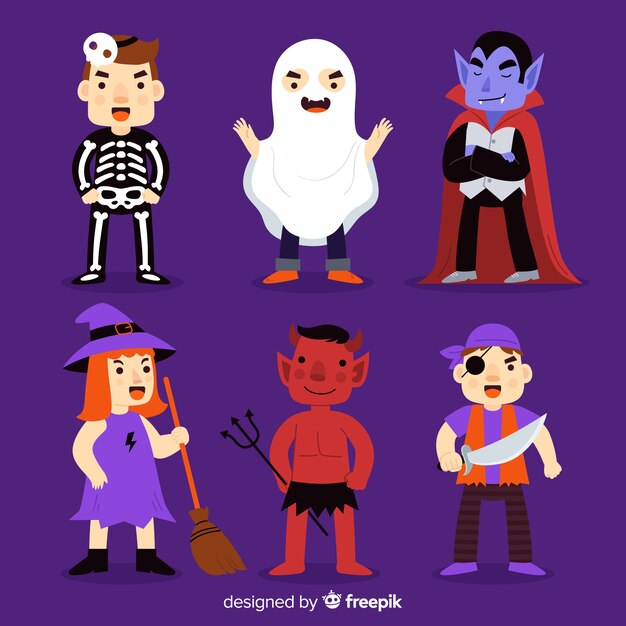 Raccolta di personaggi di halloween su design piatto