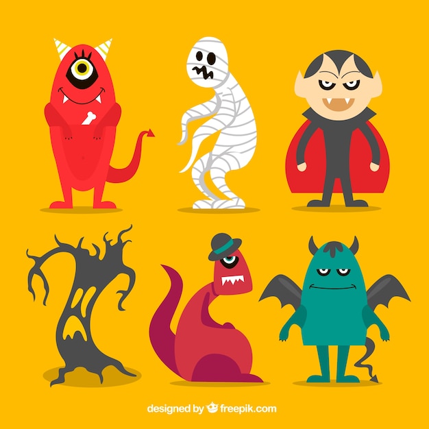 Collection of halloween characters with monsters