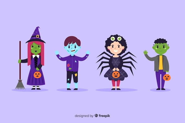 Vettore gratuito collezione di costumi per bambini di halloween in design piatto