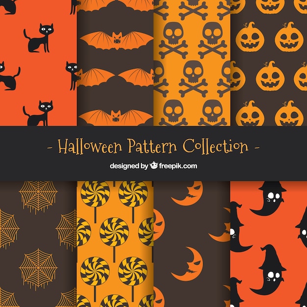 Vettore gratuito raccolta di pattern halloween con elementi