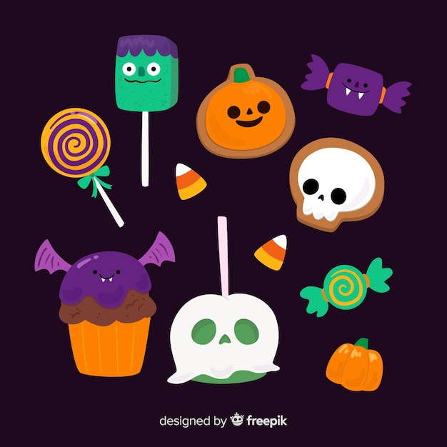 Vettore gratuito collezione di caramelle hallween su design piatto