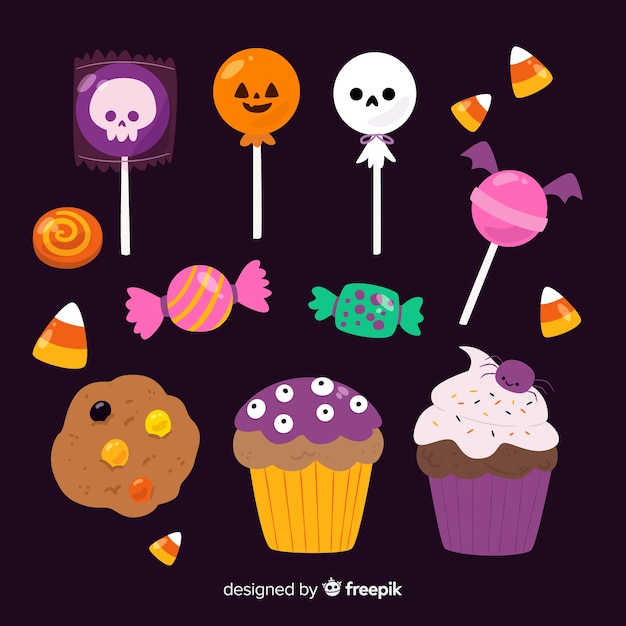 Vettore gratuito collezione di caramelle hallween su design piatto