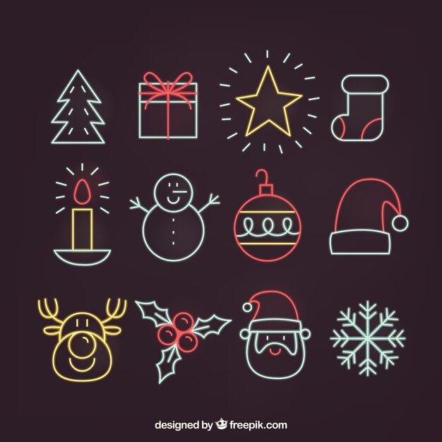 Collection of hand drawn christmas elements in neon style