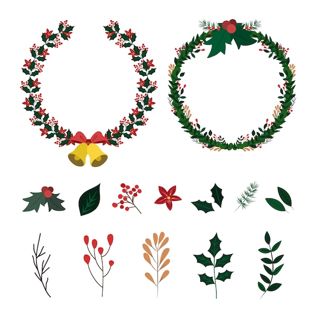 Collection of hand drawn christmas flower & wreath