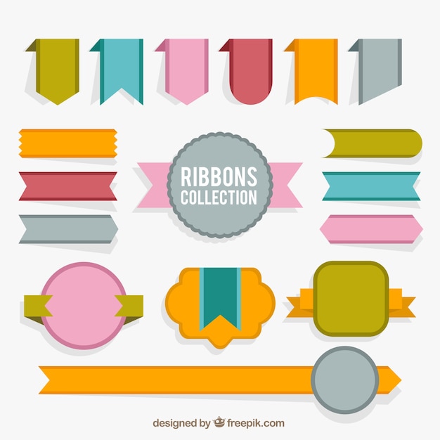 Collection of hand drawn colored ribbon and badge