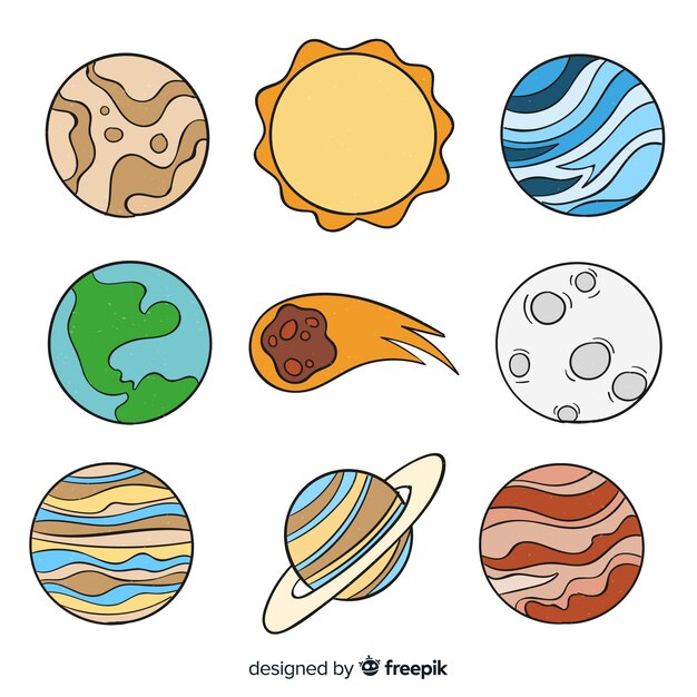 Collection of hand drawn colorful planets