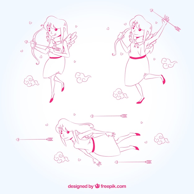 Collection of hand-drawn cupid character with arrows