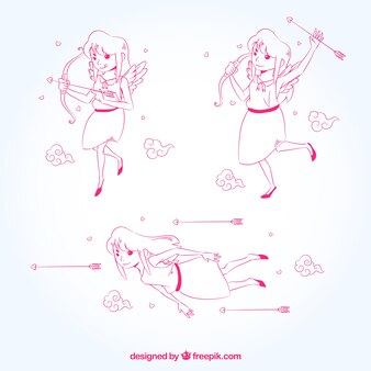 Collection of hand-drawn cupid character with arrows