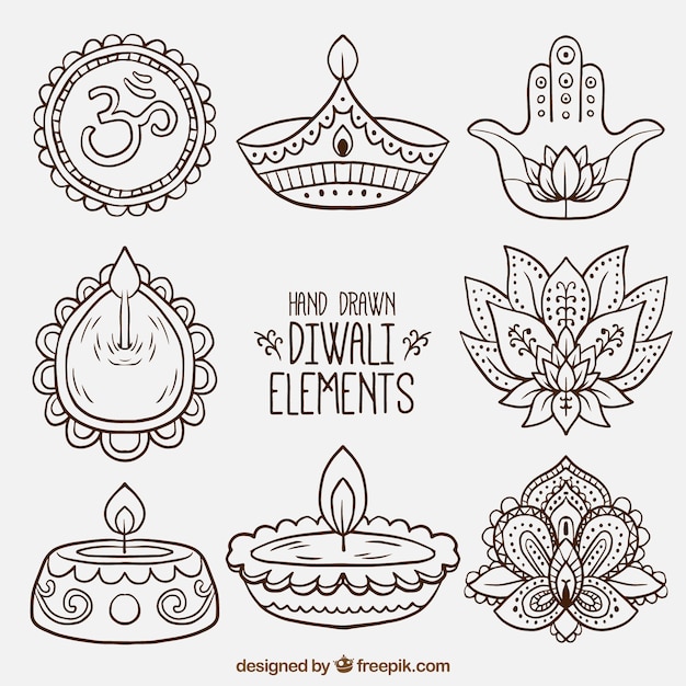 Raccolta di elementi decorativi diwali disegnati a mano