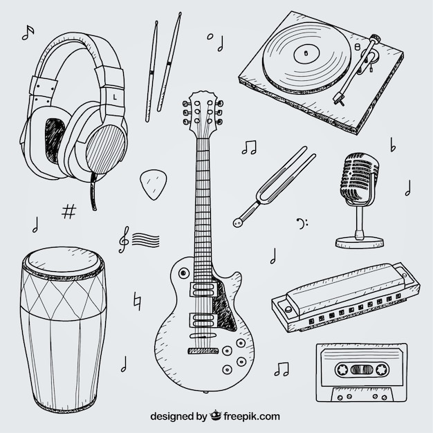 Free vector collection of hand drawn elements for a music studio