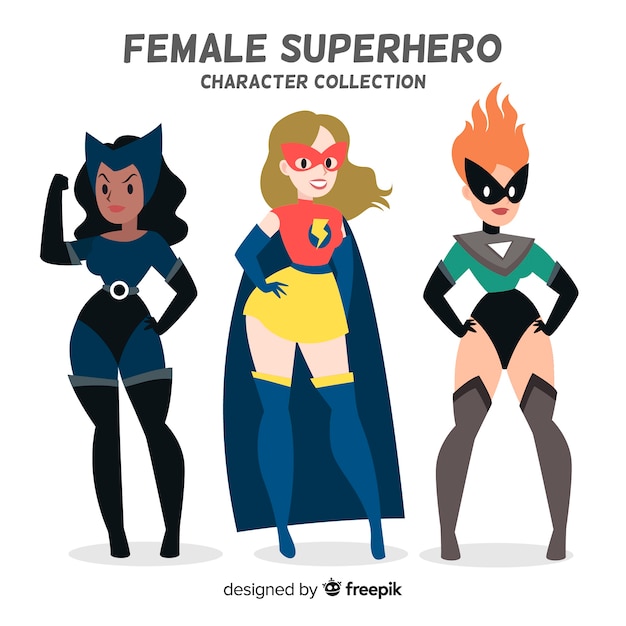 Vettore gratuito collezione di personaggi di supereroi femminili disegnati a mano