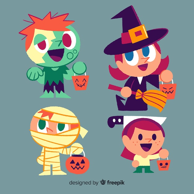 Collection of hand drawn halloween kid costume