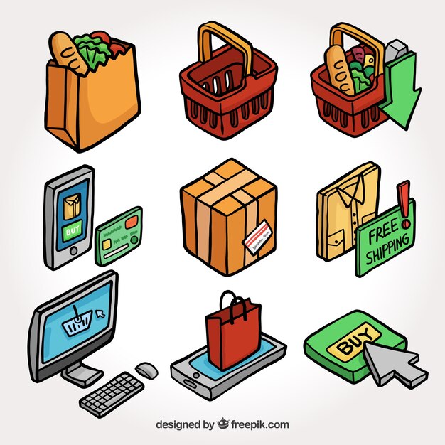 Collection of hand drawn isometric items