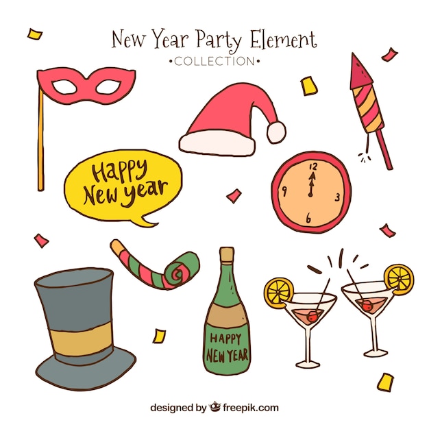 Collection of hand drawn new year party elements