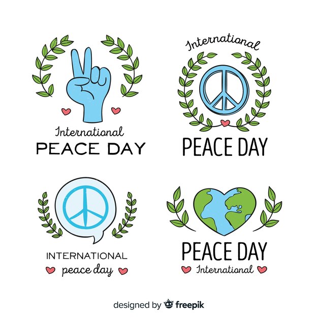 Collection of hand drawn peace day labels