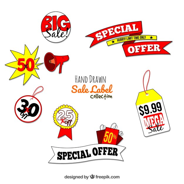 Collection of hand drawn special offers stickers