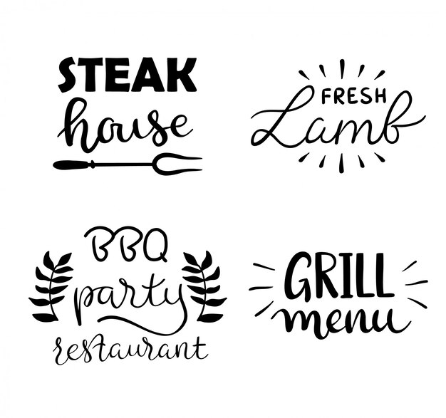 구운 음식, 소시지, 닭고기, 감자 튀김, 스테이크, 생선의 손으로 그린 텍스트 컬렉션