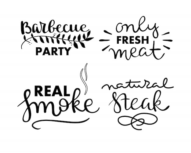 Collection of hand drawn text of grilled food, sausages, chicken, french fries, steaks, fish