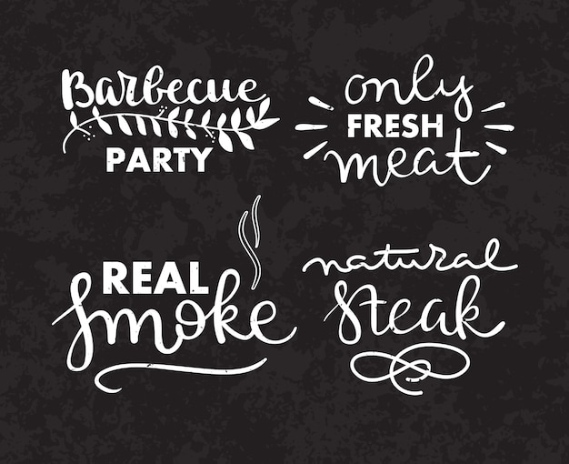 Collection of hand drawn text of grilled food, sausages, chicken, french fries, steaks, fish