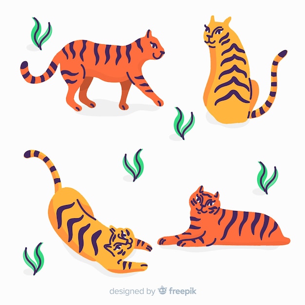 Free vector collection of hand drawn tigers