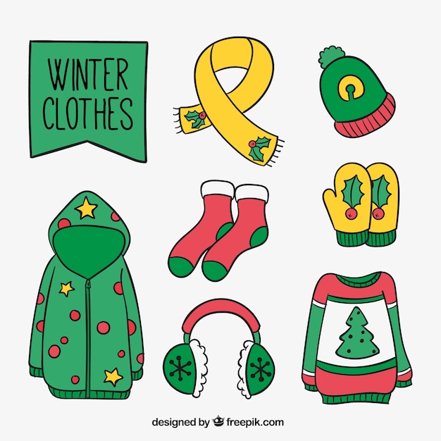 Free vector collection of hand-drawn winter clothes with christmas details